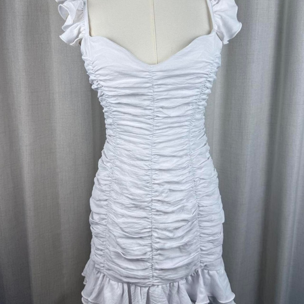 Lucy in the Sky White Ruffled Ruched Mini Dress Womens Sweetheart Neck Bodycon
